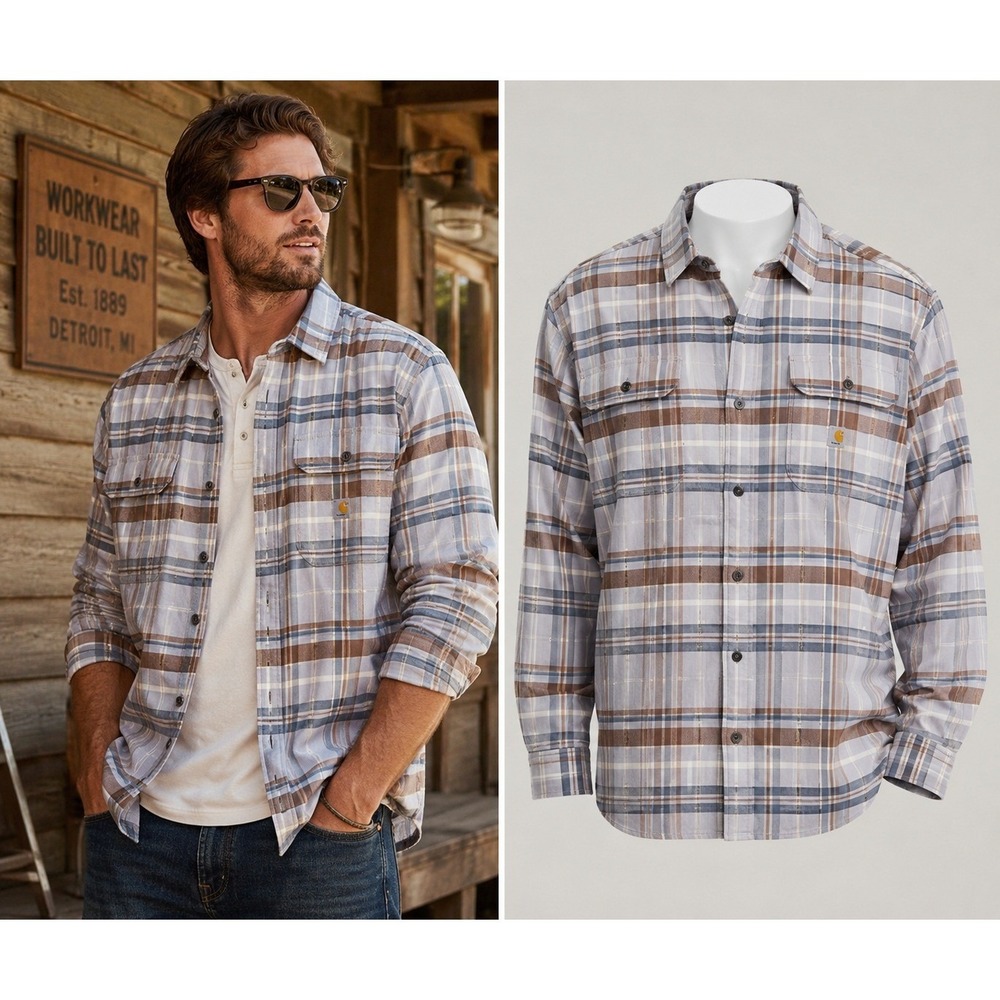 Carhartt Shirt Large Tan Blue Plaid Tencel Rugged Flex Workwear Flannel